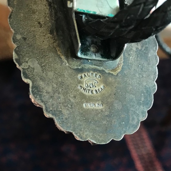 Vintage Walter White Bear hallmark turquoise bolo with turquoise tail ends - Picture 2 of 8